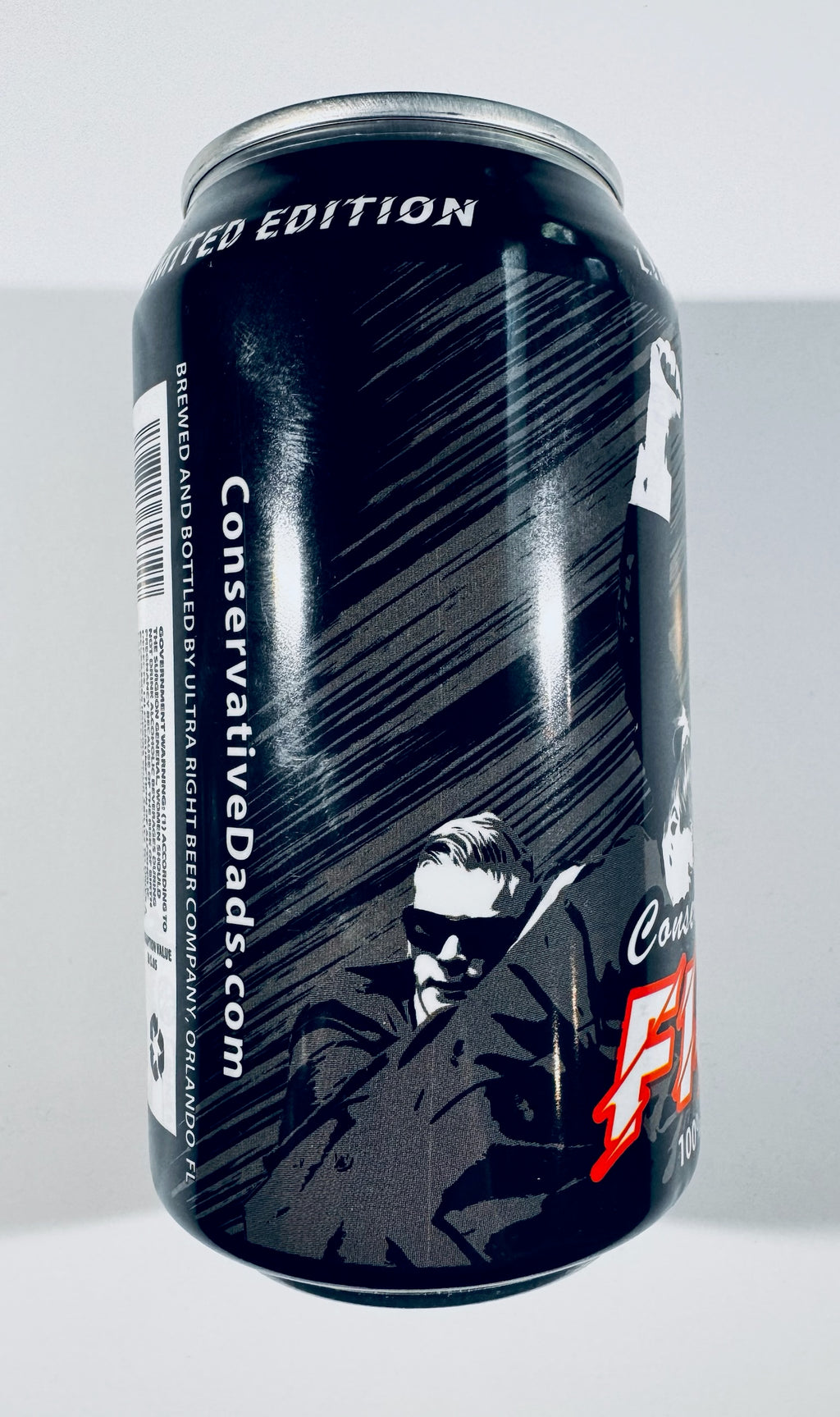 A limited edition can of ConservativeDads.com beer, featuring a black and white graphic of a man in sunglasses with red accents, photographed against a neutral gray background.