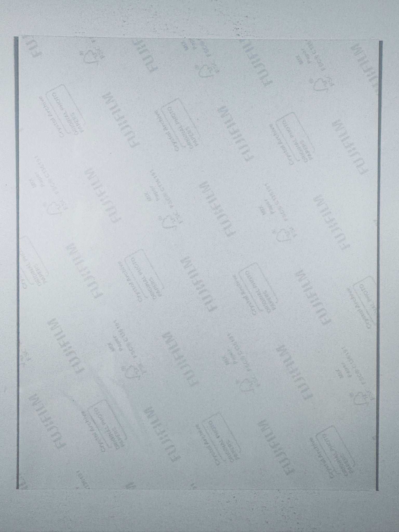 The plain white reverse side representing the back physical condition of the photograph print, showing translucent Fujifilm crystal archive paper watermarks and logos.