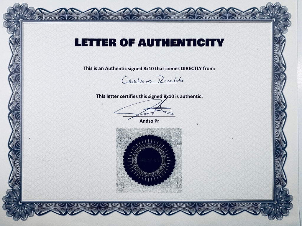 A Letter of Authenticity with a decorative blue-patterned border, certifying an authentic signed 8x10 coming directly from Cristiano Ronaldo, featuring a dark circular seal graphic at the bottom.