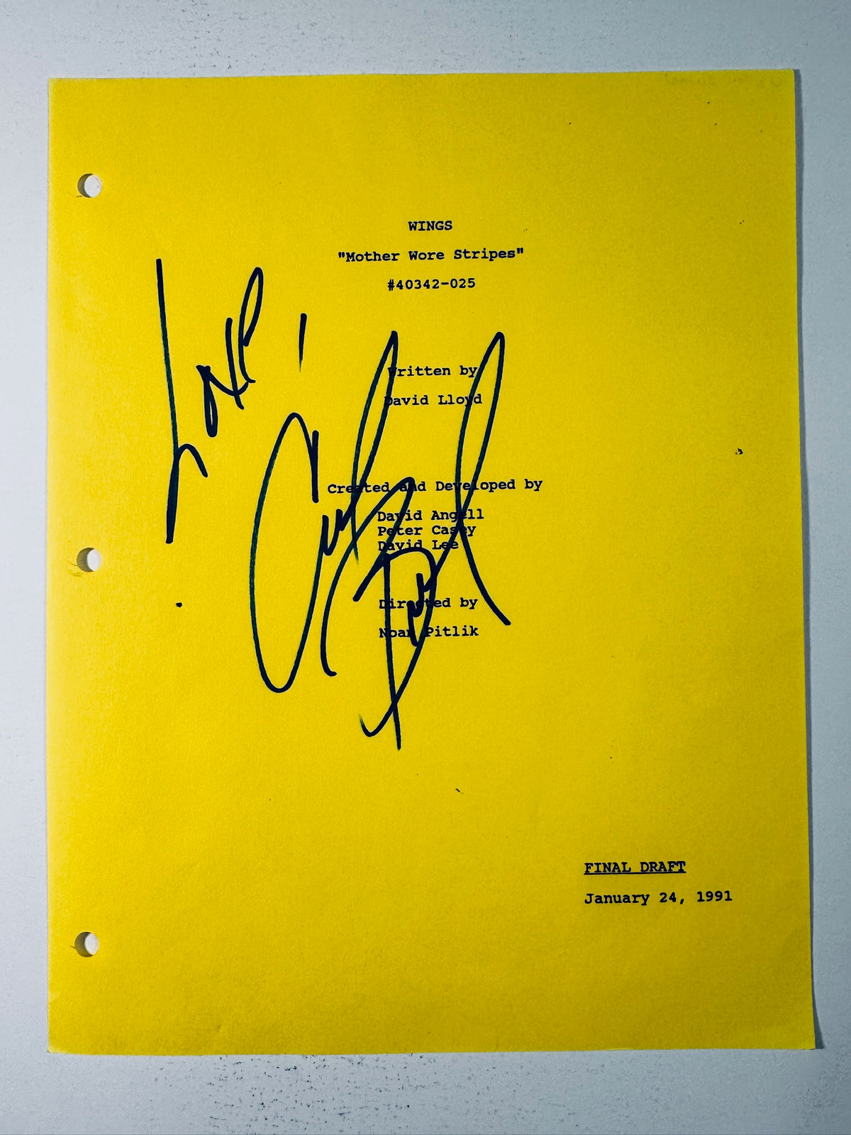 Full view of yellow Wings television script title page autographed and inscribed Love Crystal Bernard.