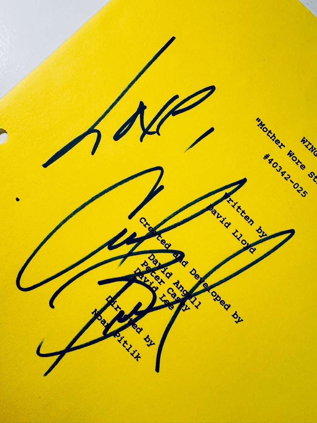 Close-up view of Crystal Bernard's signature and inscription in black marker on a yellow Wings script cover.