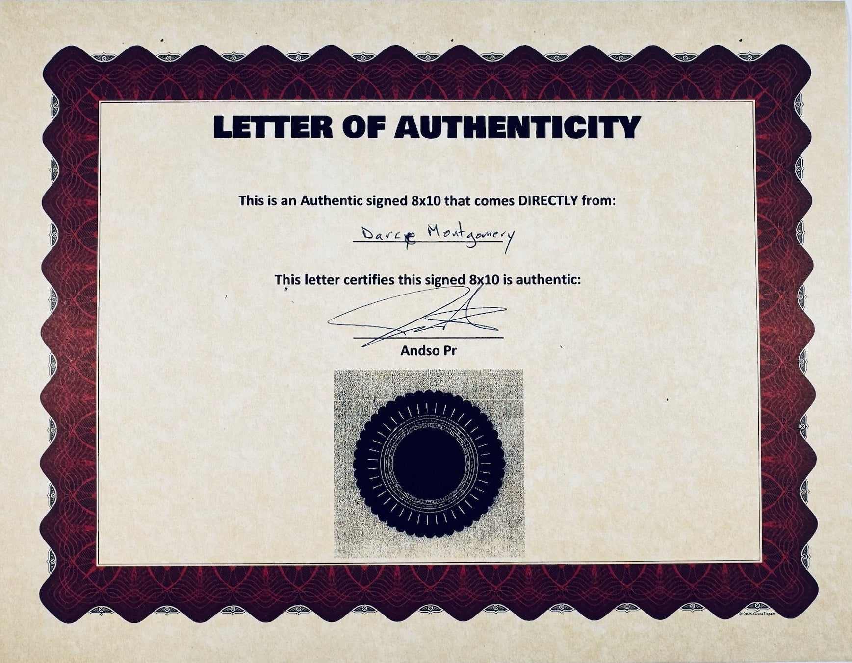 Certificate of authenticity for Dacre Montgomery Billy Hargrove Stranger Things signed 8x10 photo