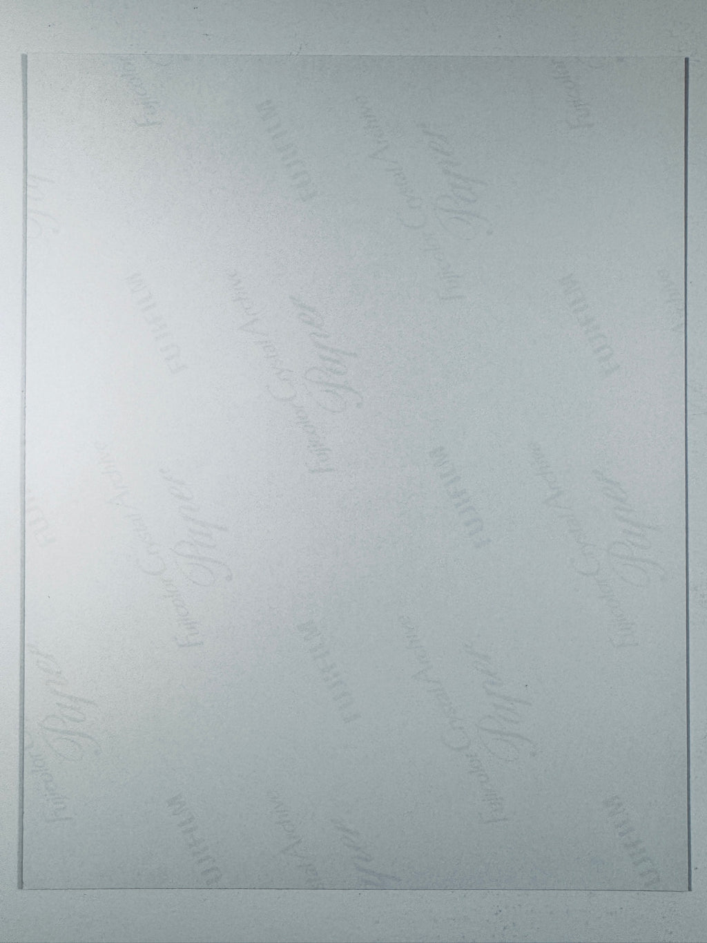 The plain white reverse side of a photographic print showing faint translucent watermark patterns and repeating Fujifilm paper logos.