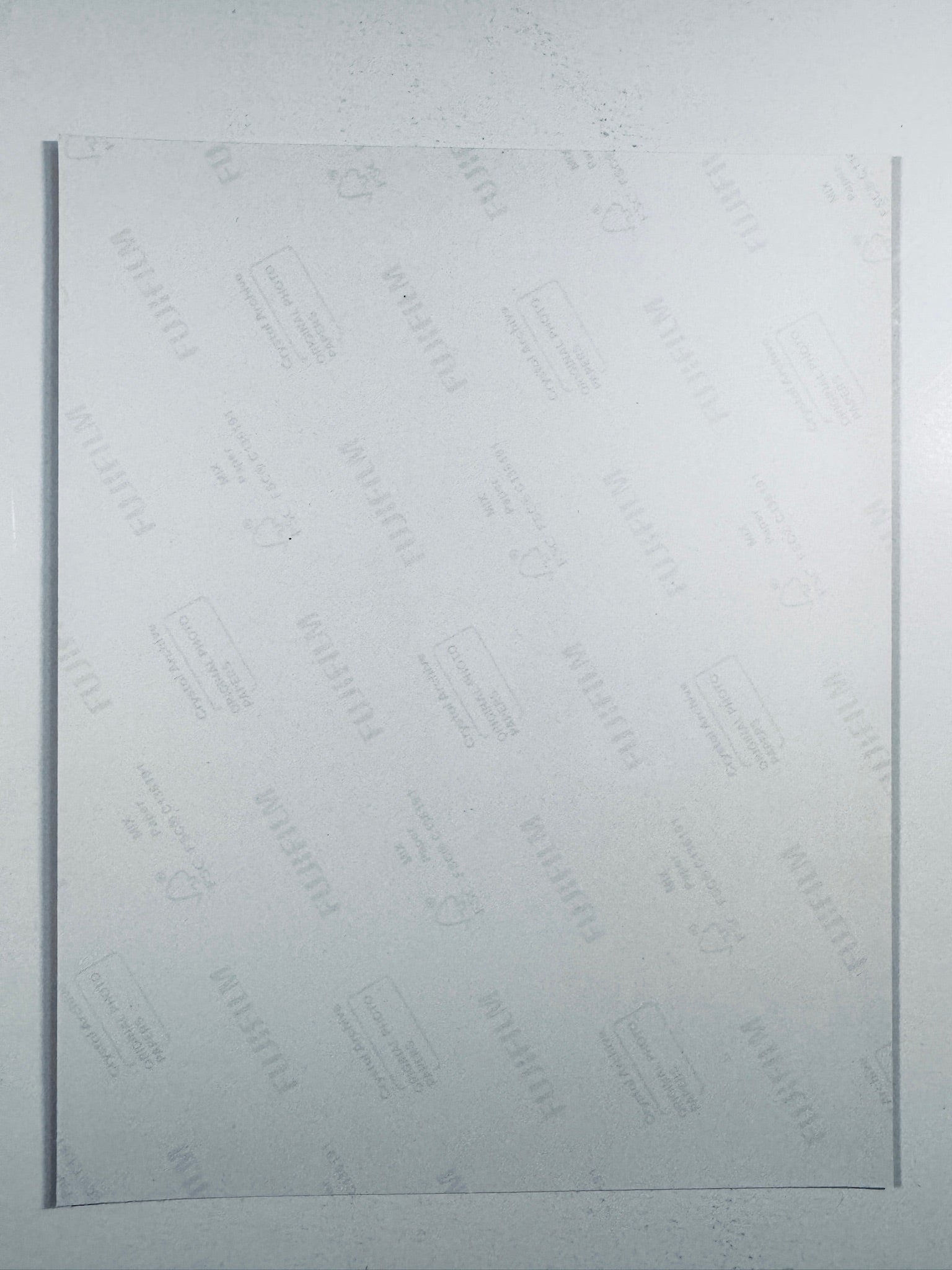 The plain white reverse side representing the back physical condition of the photograph print, showing translucent Fujifilm crystal archive paper watermarks and logos.