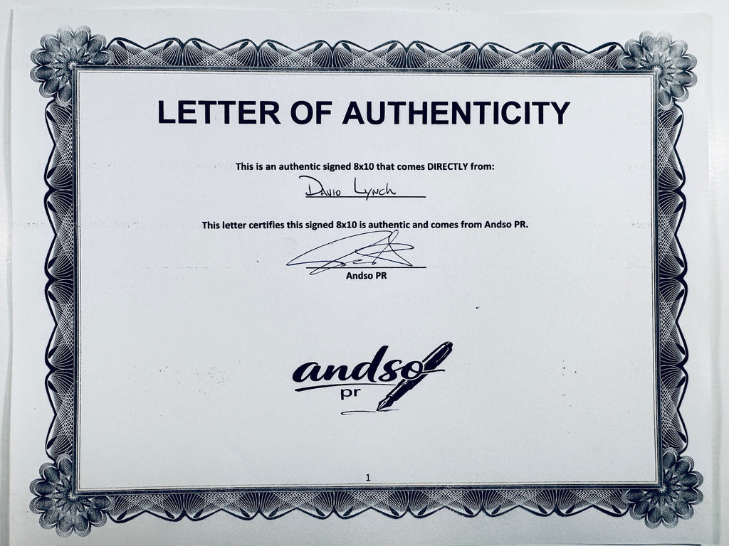 A Letter of Authenticity with a decorative blue-patterned border, certifying an authentic signed 8x10 coming directly from David Lynch, featuring a signature at the top.