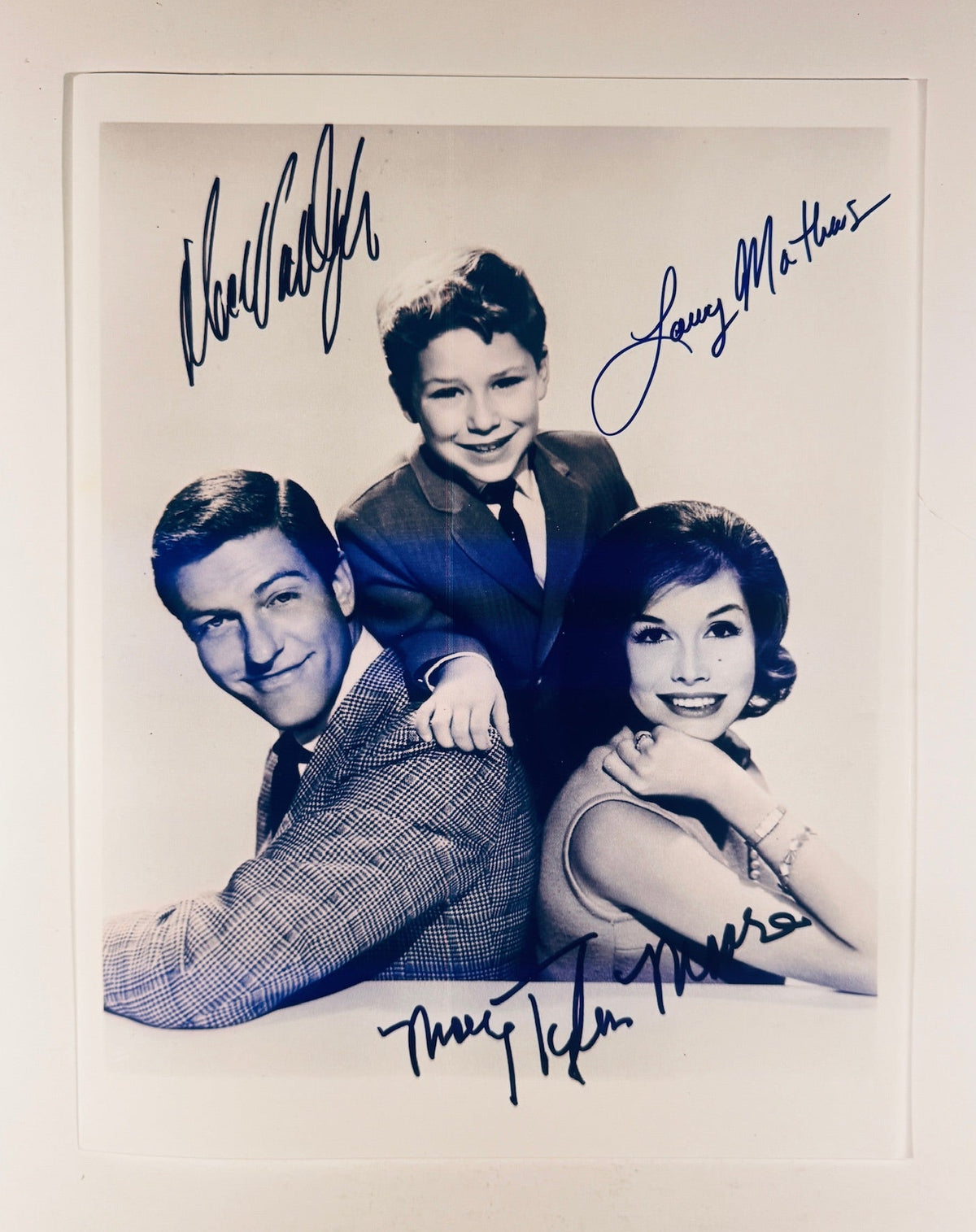 Full front view of vintage black and white 8x10 photo autographed by The Dick Van Dyke Show cast.