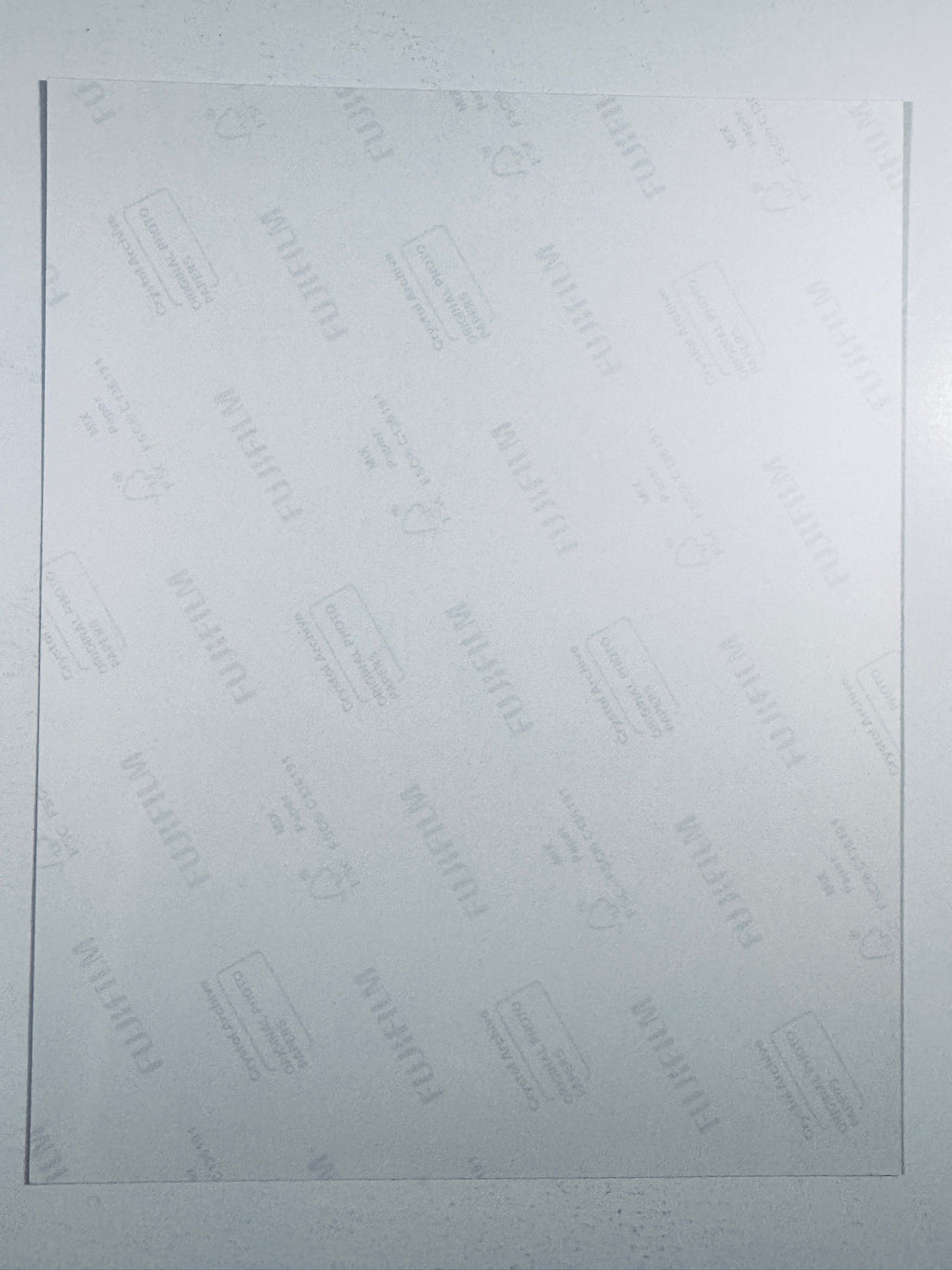 The plain white reverse side representing the back physical condition of the photograph print, showing translucent Fujifilm crystal archive paper watermarks and logos.