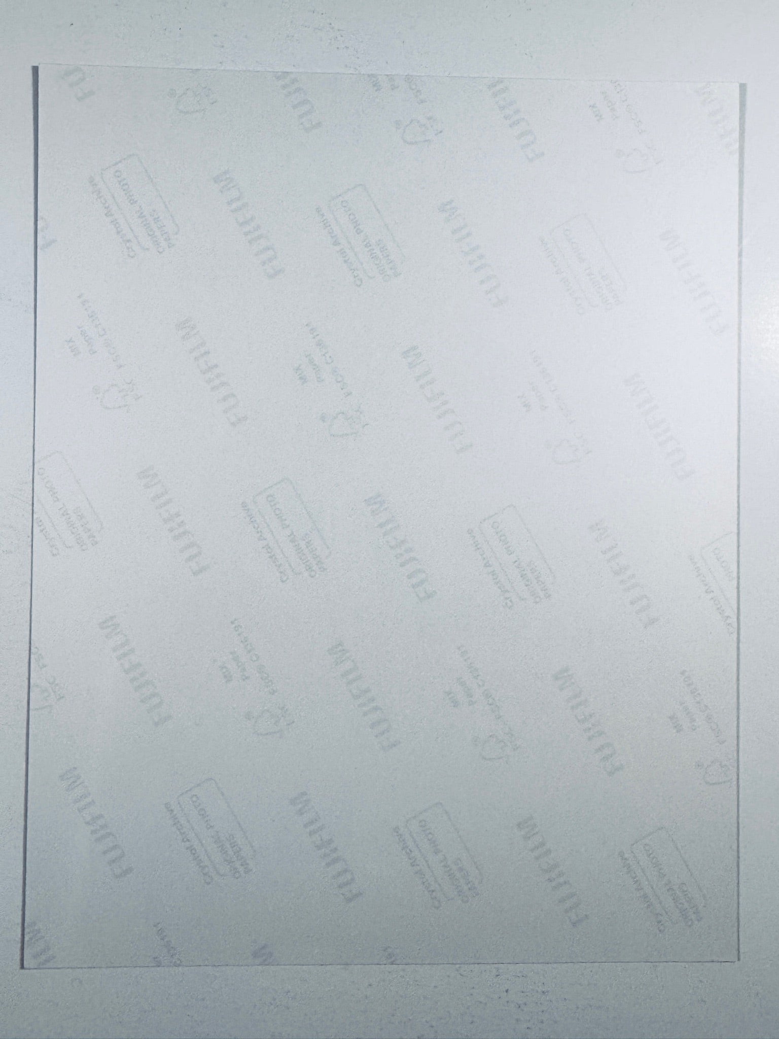 The plain white reverse side representing the back physical condition of the photograph print, showing translucent Fujifilm crystal archive paper watermarks and logos.