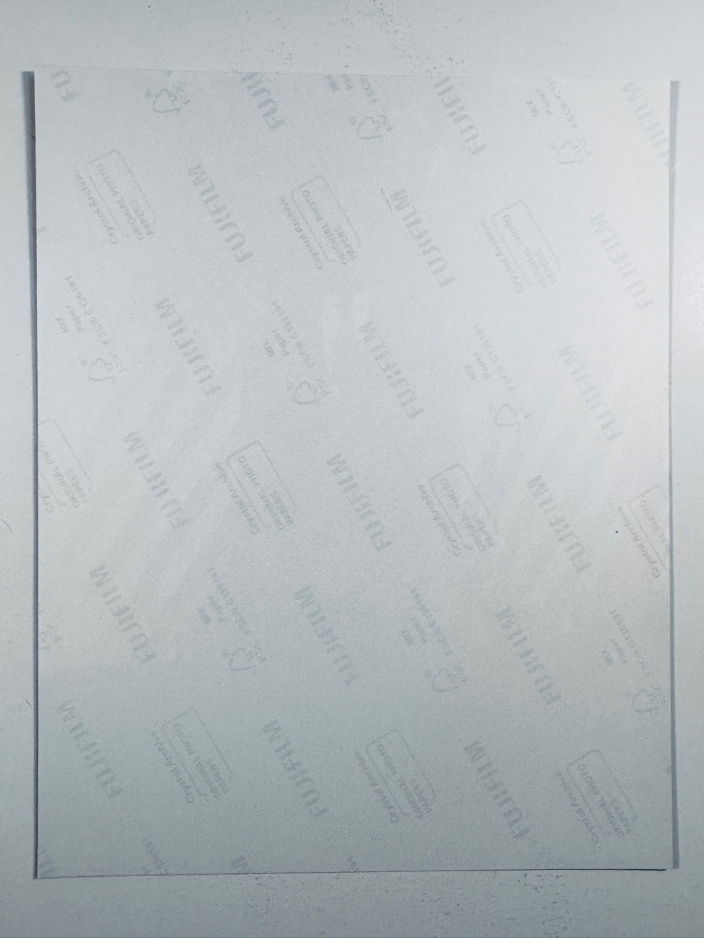 The plain white reverse side representing the back physical condition of the photograph print, showing translucent Fujifilm crystal archive paper watermarks and logos.