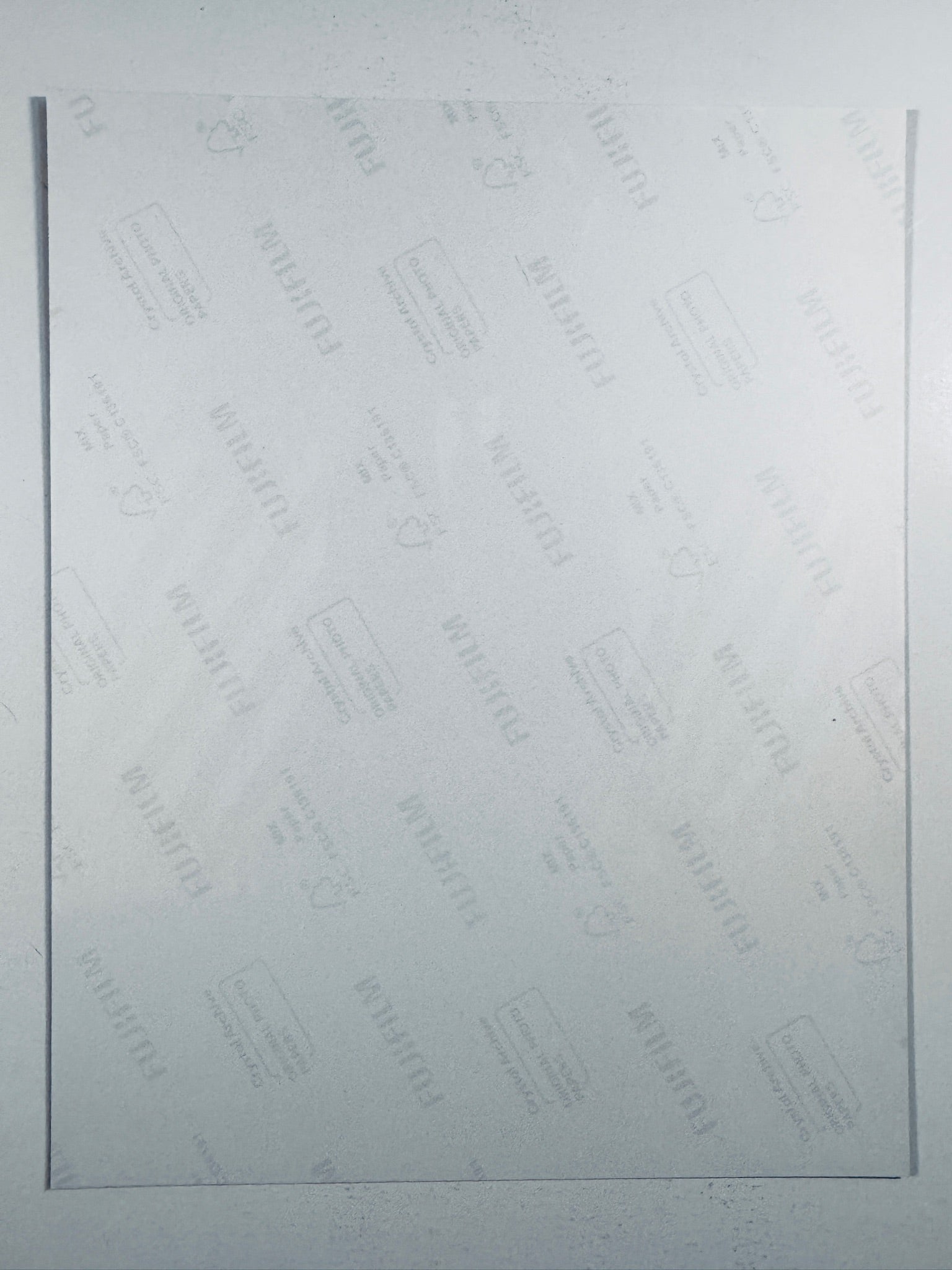 The plain white reverse side representing the back physical condition of the photograph print, showing translucent Fujifilm crystal archive paper watermarks and logos.