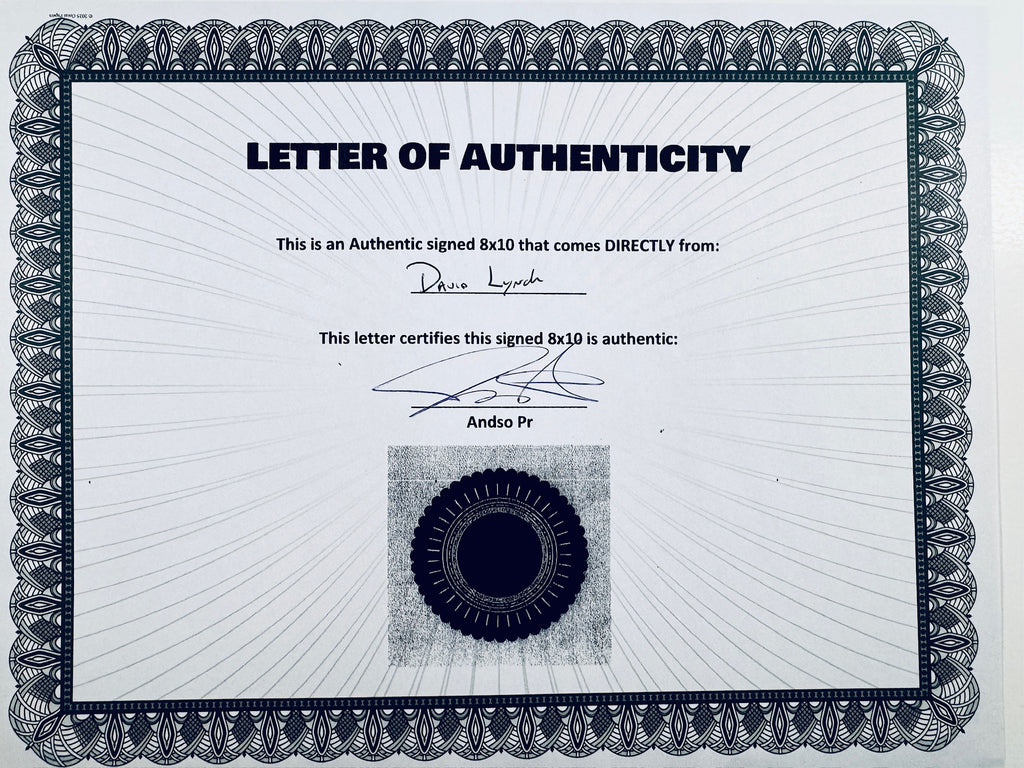 A Letter of Authenticity with a decorative green-patterned border, certifying an authentic signed 8x10 coming directly from Drake, featuring a dark circular seal graphic at the bottom.