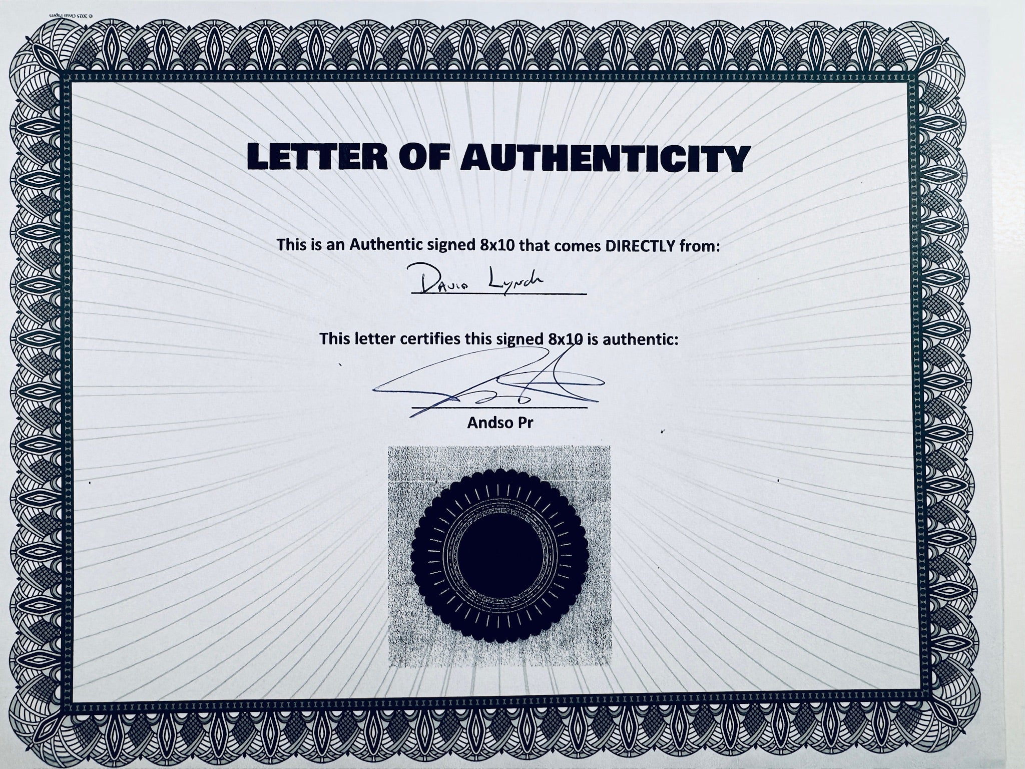 A Letter of Authenticity with a decorative green-patterned border, certifying an authentic signed 8x10 coming directly from Drake, featuring a dark circular seal graphic at the bottom.