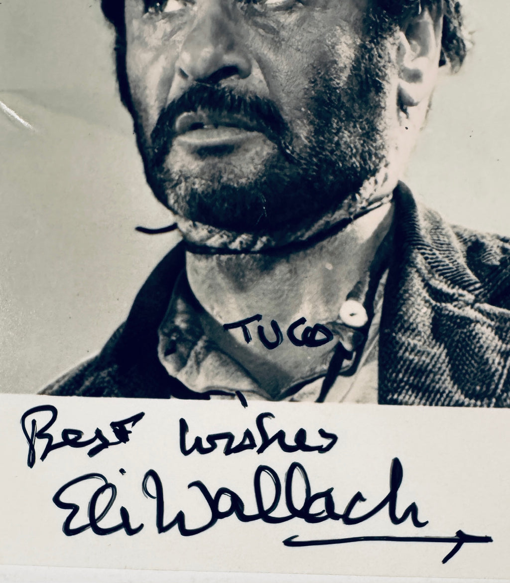 Close up detail of Eli Wallach autograph and Tuco character inscription in black ink.