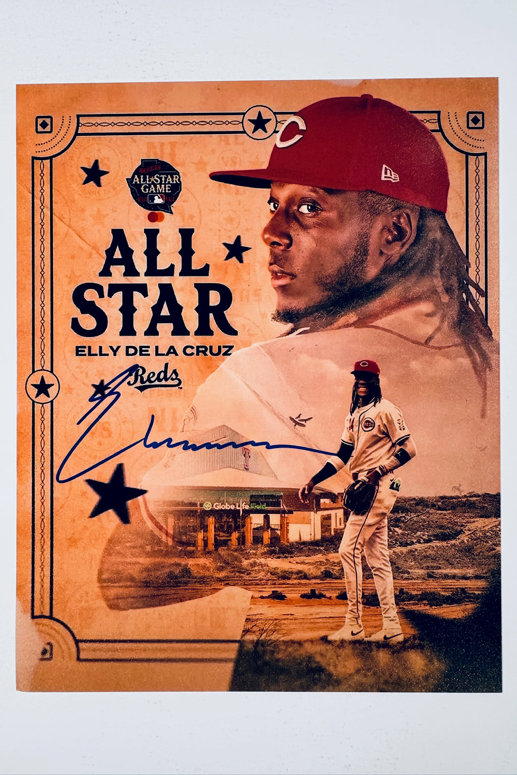 Elly De La Cruz hand-signed 8x10 matte Cincinnati Reds All-Star graphic photo featuring a portrait and full-body action shot.