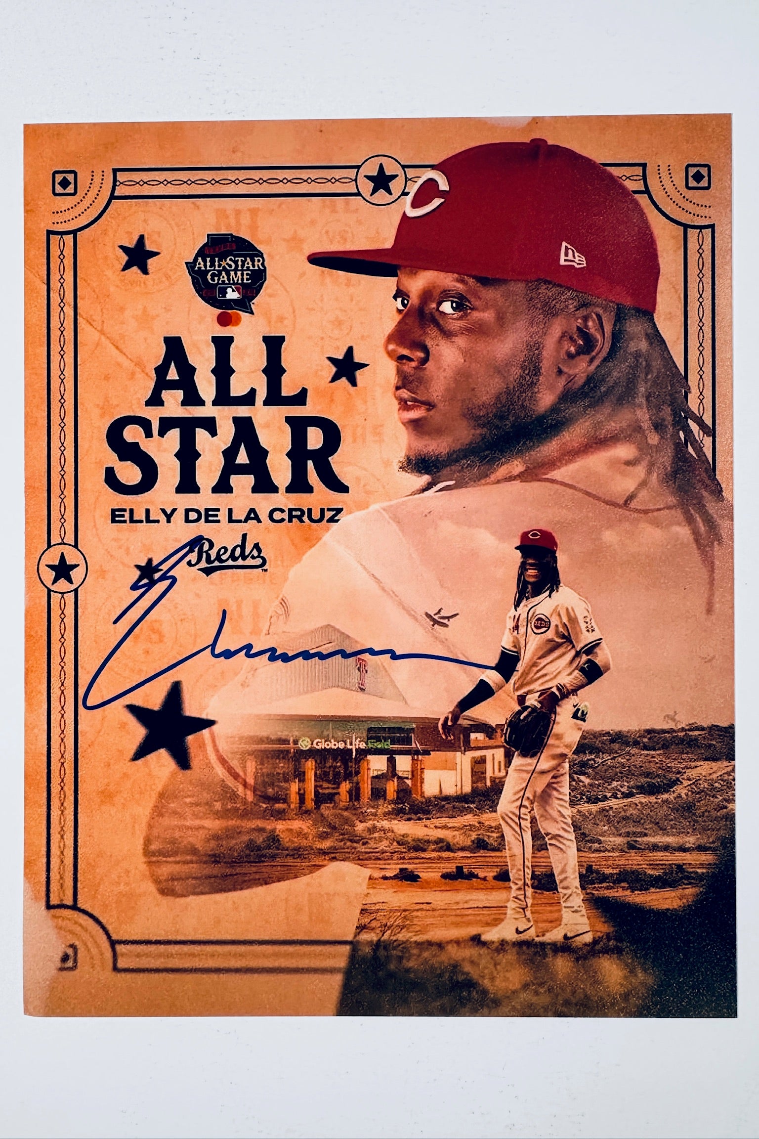 Elly De La Cruz hand-signed 8x10 matte Cincinnati Reds All-Star graphic photo featuring a portrait and full-body action shot.