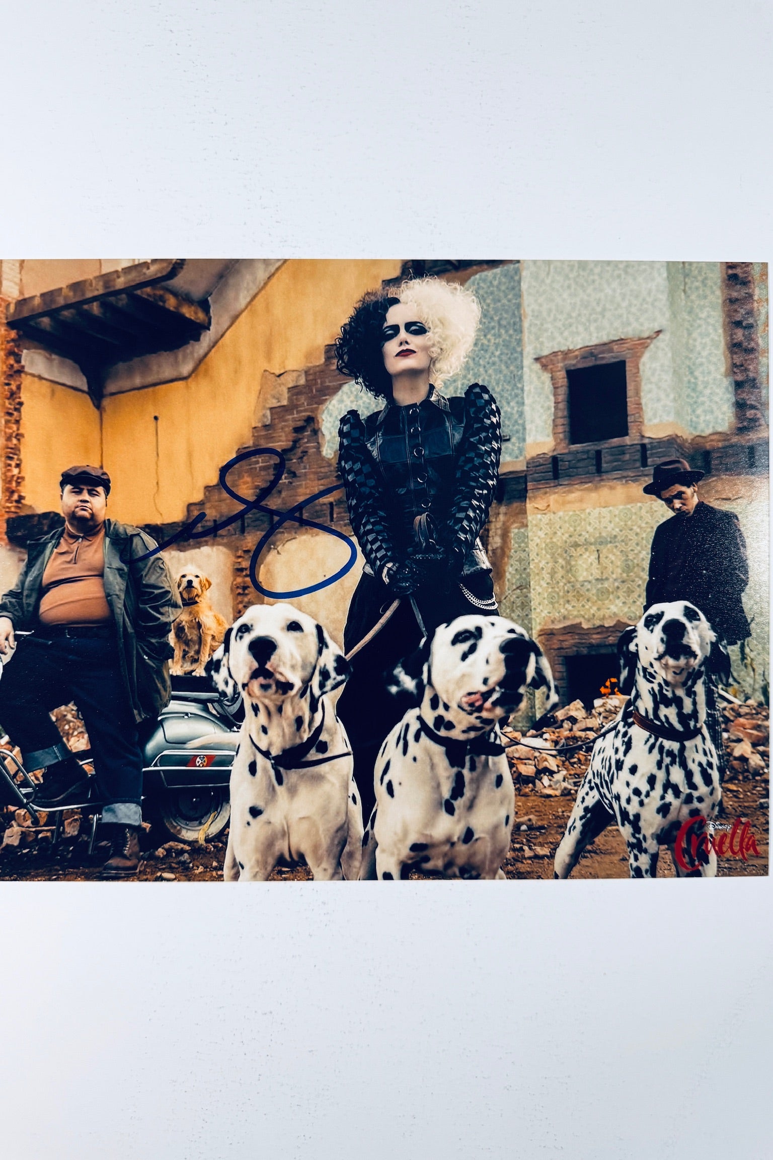 Signed 8x10 matte promotional photo of actress Emma Stone as Cruella de Vil with her dalmatians and accomplices, featuring a bold blue ink autograph.