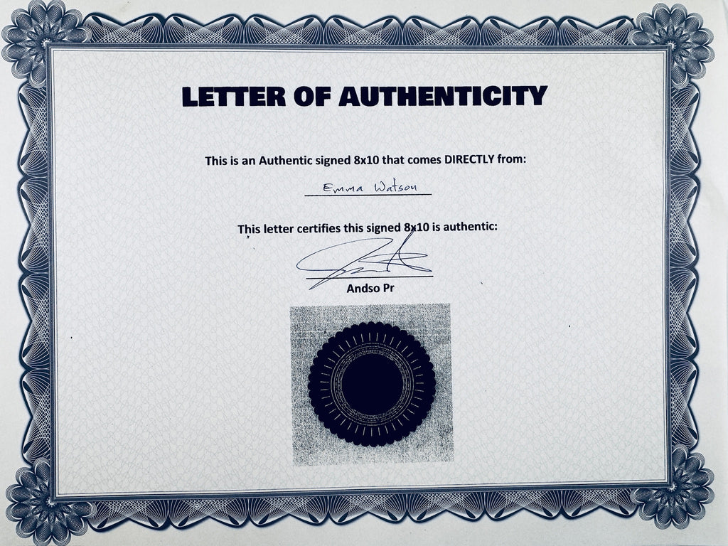A Letter of Authenticity with a decorative blue-patterned border, certifying an authentic signed 8x10 coming directly from Emma Watson, featuring a dark circular seal graphic at the bottom.