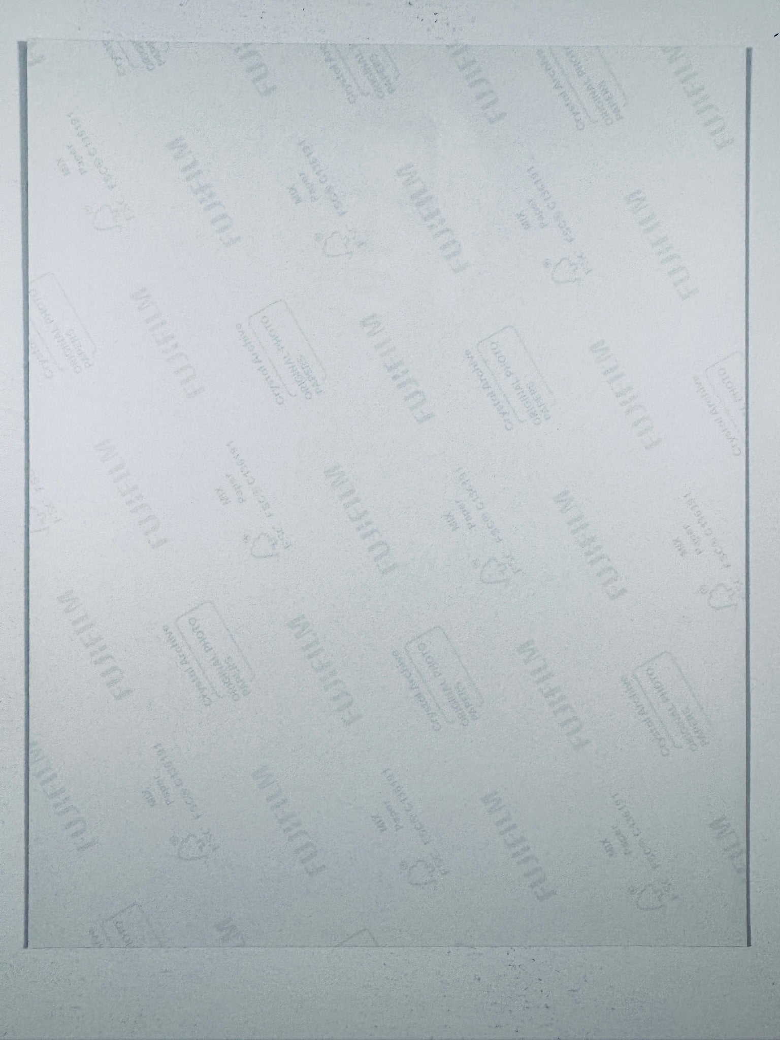 The plain white reverse side representing the back physical condition of the photograph print, showing translucent Fujifilm crystal archive paper watermarks and logos.