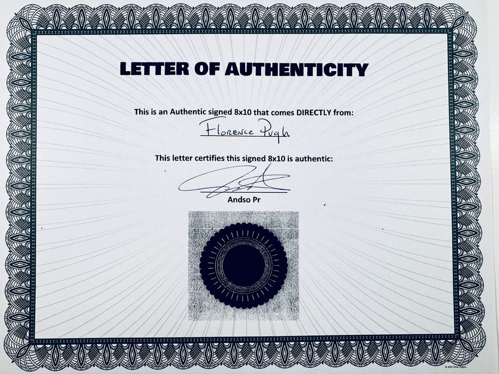 A Letter of Authenticity with a decorative blue-patterned border, certifying an authentic signed 8x10 coming directly from Florence Pugh, featuring a dark circular seal graphic at the bottom.
