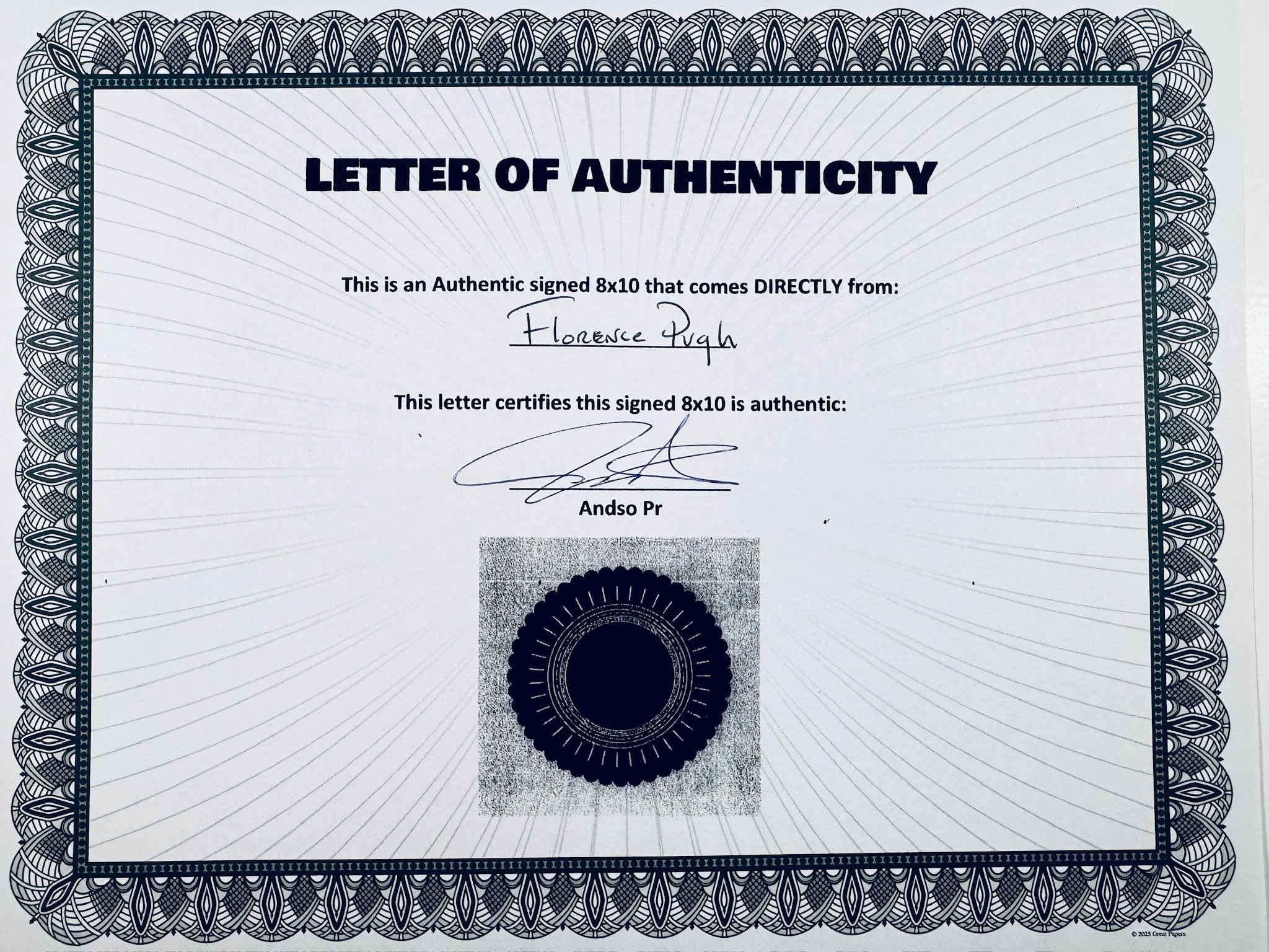 A Letter of Authenticity with a decorative blue-patterned border, certifying an authentic signed 8x10 coming directly from Florence Pugh, featuring a dark circular seal graphic at the bottom.