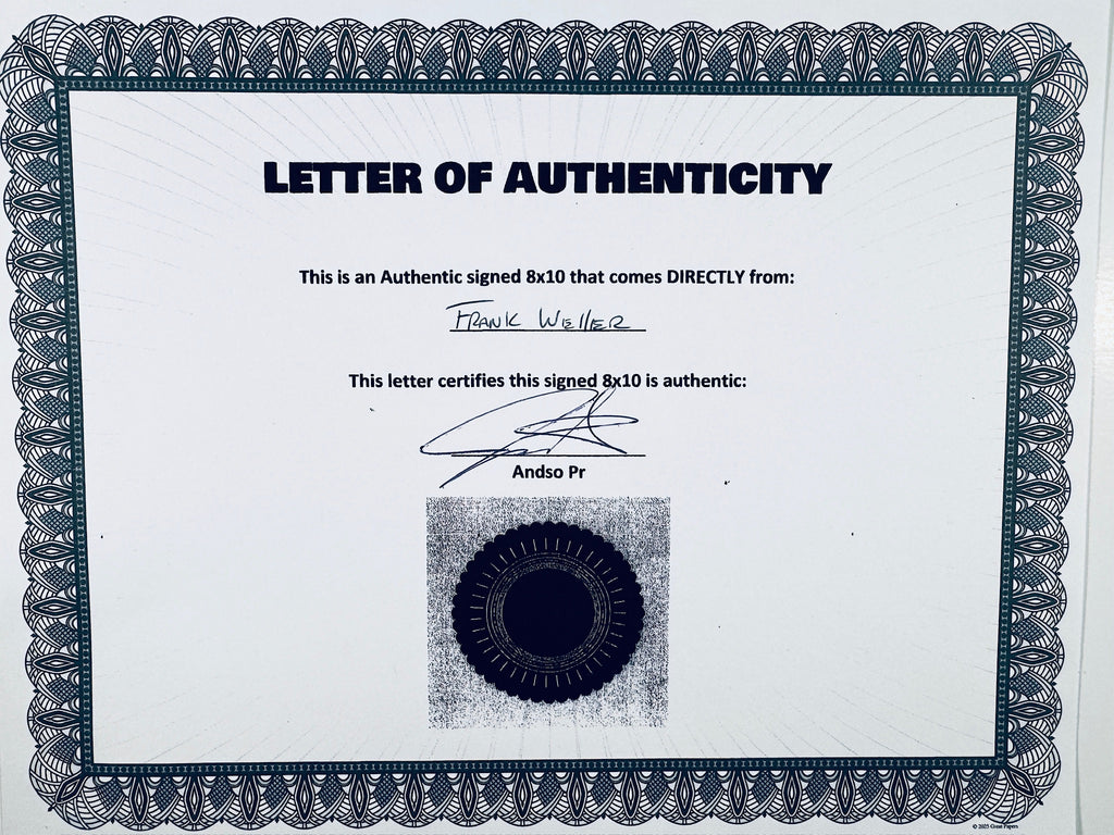 A Letter of Authenticity with a decorative blue-patterned border, certifying an authentic signed 8x10 coming directly from Frank Welker, featuring a dark circular seal graphic at the bottom.