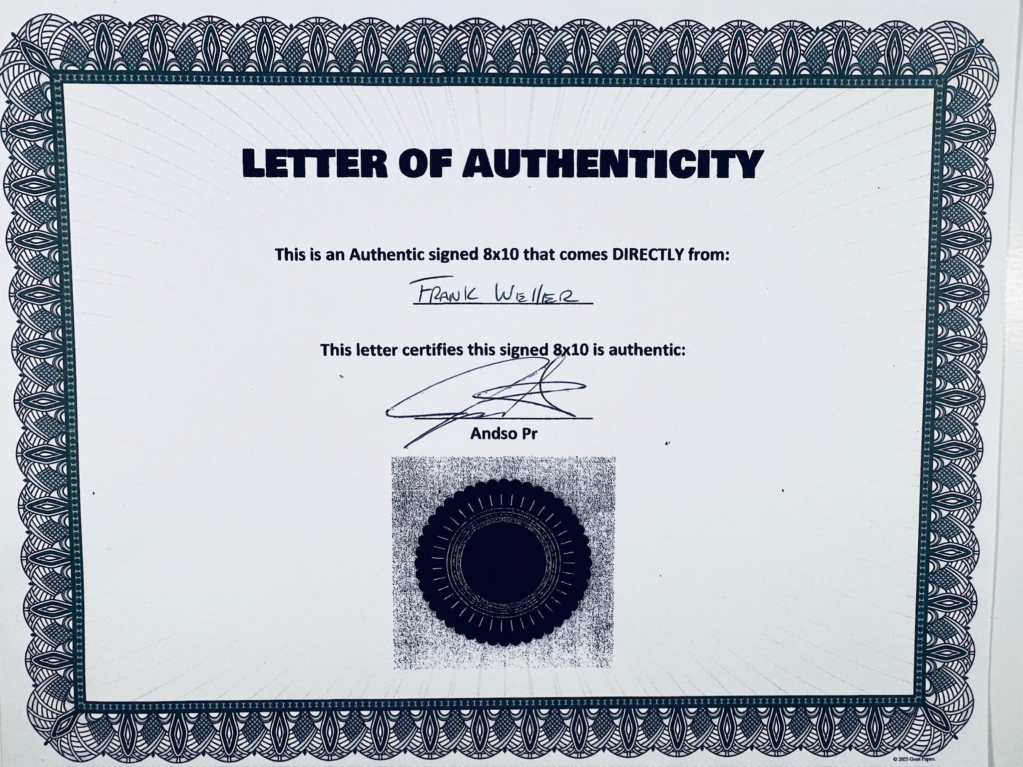 A Letter of Authenticity with a decorative blue-patterned border, certifying an authentic signed 8x10 coming directly from Frank Welker, featuring a dark circular seal graphic at the bottom.