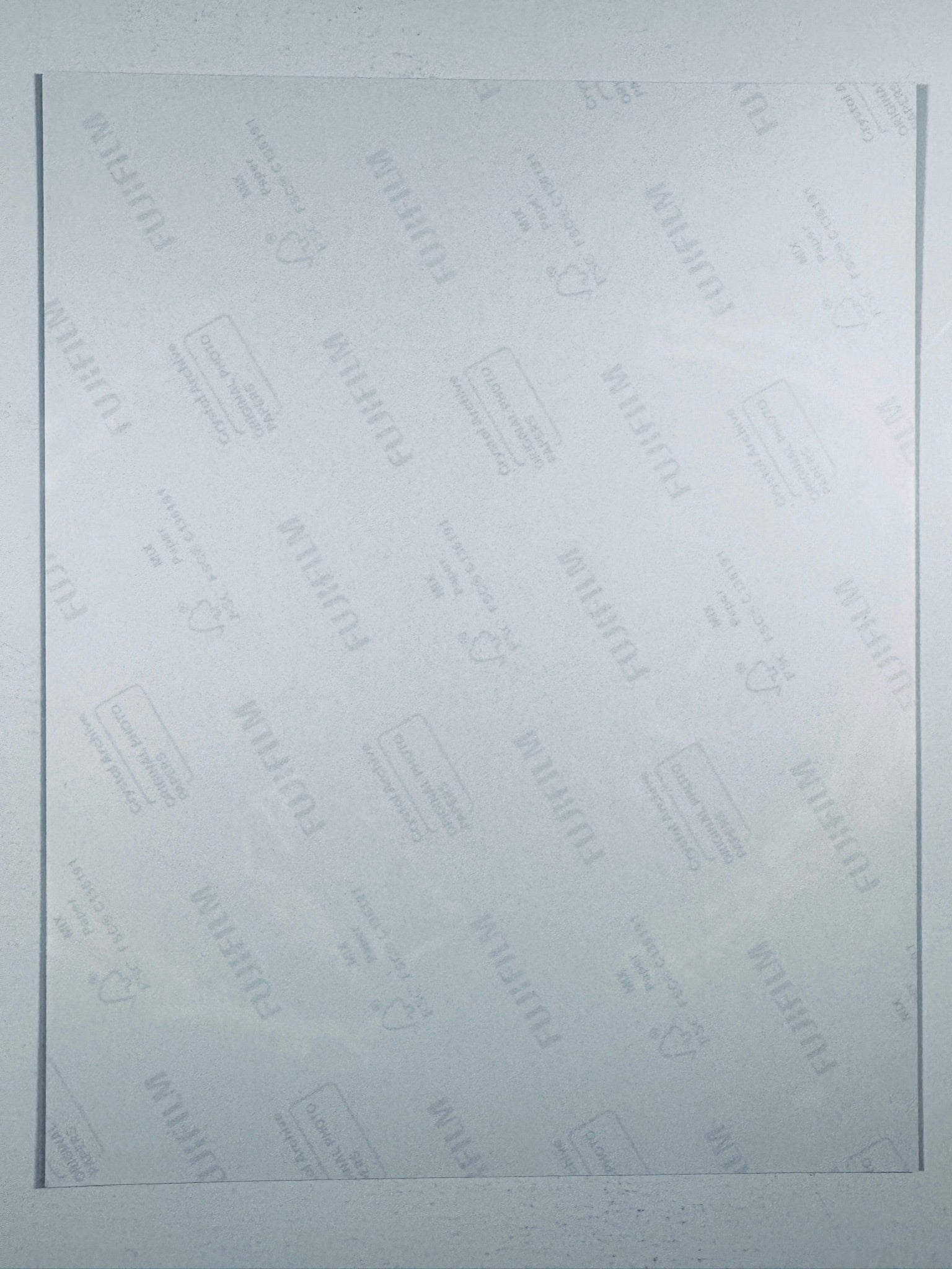 The plain white reverse side representing the back physical condition of the photograph print, showing translucent Fujifilm crystal archive paper watermarks and logos.