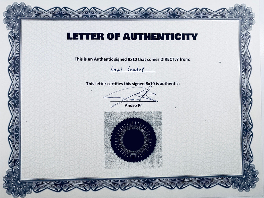 A Letter of Authenticity with a decorative blue-patterned border, certifying an authentic signed 8x10 coming directly from Gal Gadot, featuring a dark circular seal graphic at the bottom.