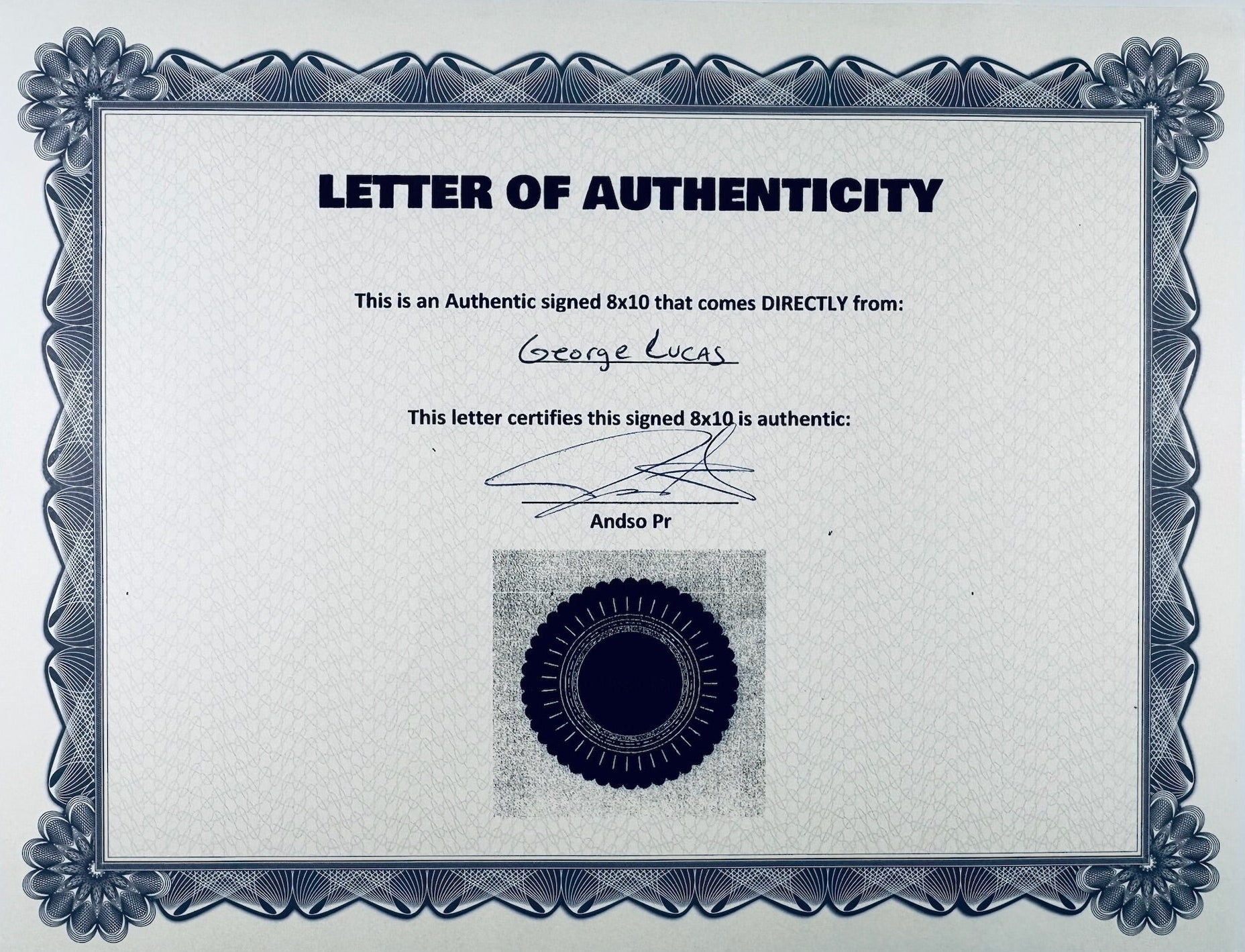 Certificate of authenticity for George Lucas with Michael Jackson signed 8x10 photo