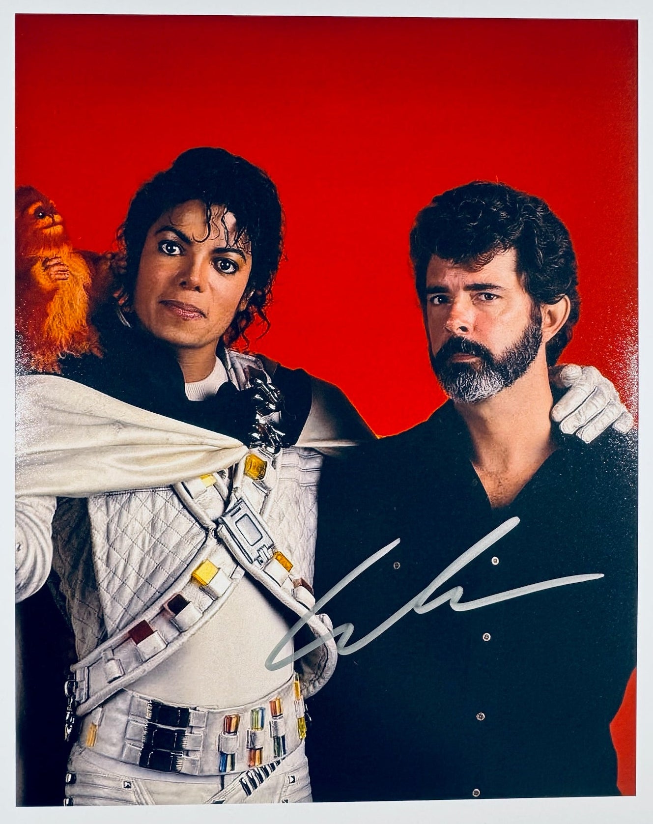 George Lucas with Michael Jackson signed 8x10 matte photograph front view