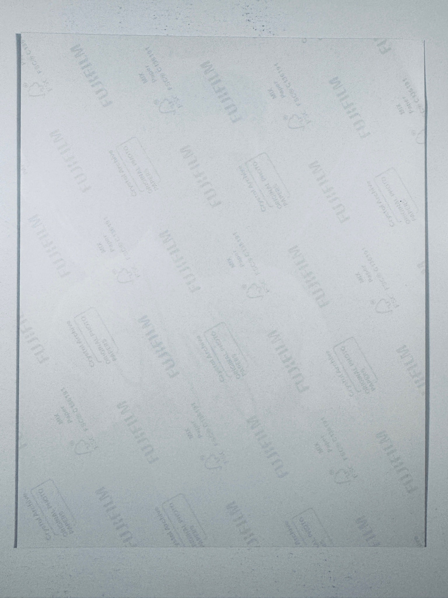 The plain white reverse side representing the back physical condition of the photograph print, showing translucent Fujifilm crystal archive paper watermarks and logos.