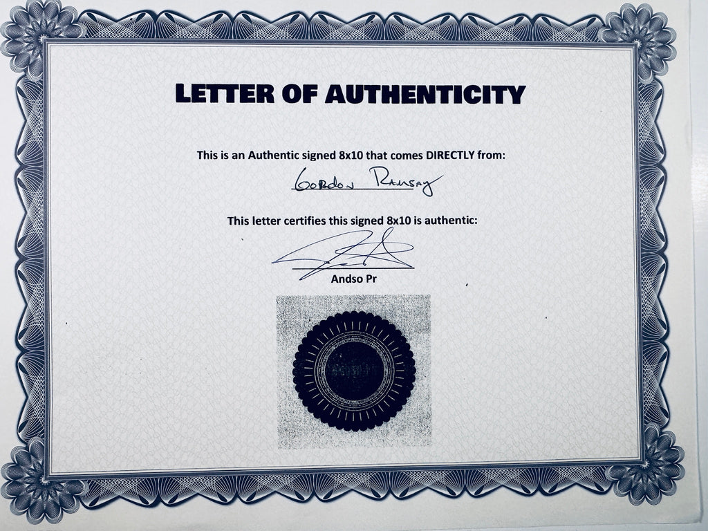 A Letter of Authenticity with a decorative blue-patterned border, certifying an authentic signed 8x10 coming directly from Gordon Ramsay, featuring a dark circular seal graphic at the bottom.