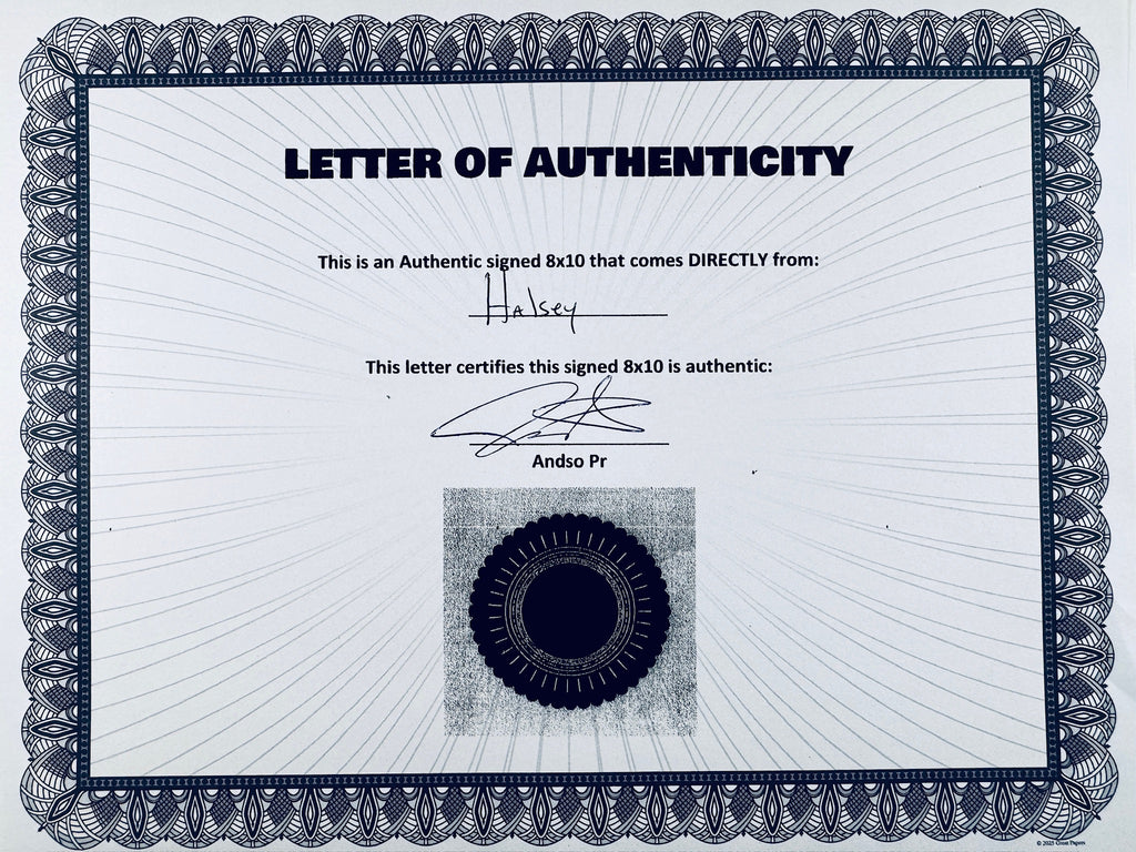 A Letter of Authenticity with a decorative blue-patterned border, certifying an authentic signed 8x10 coming directly from Halsey, signed by Andso Pr, with a dark circular seal graphic at the bottom.