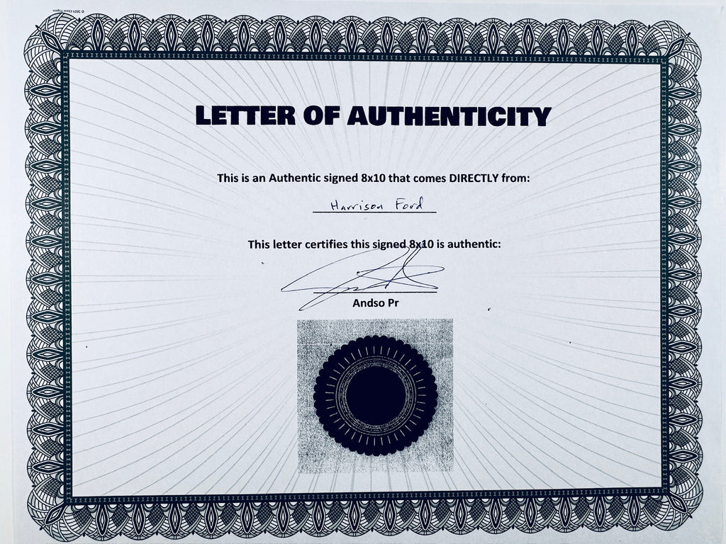 A Certificate of Authenticity featuring a decorative blue-patterned border, text certifying an authentic signed 8x10 from Harrison Ford, a signature, and a dark circular seal graphic at the bottom center.