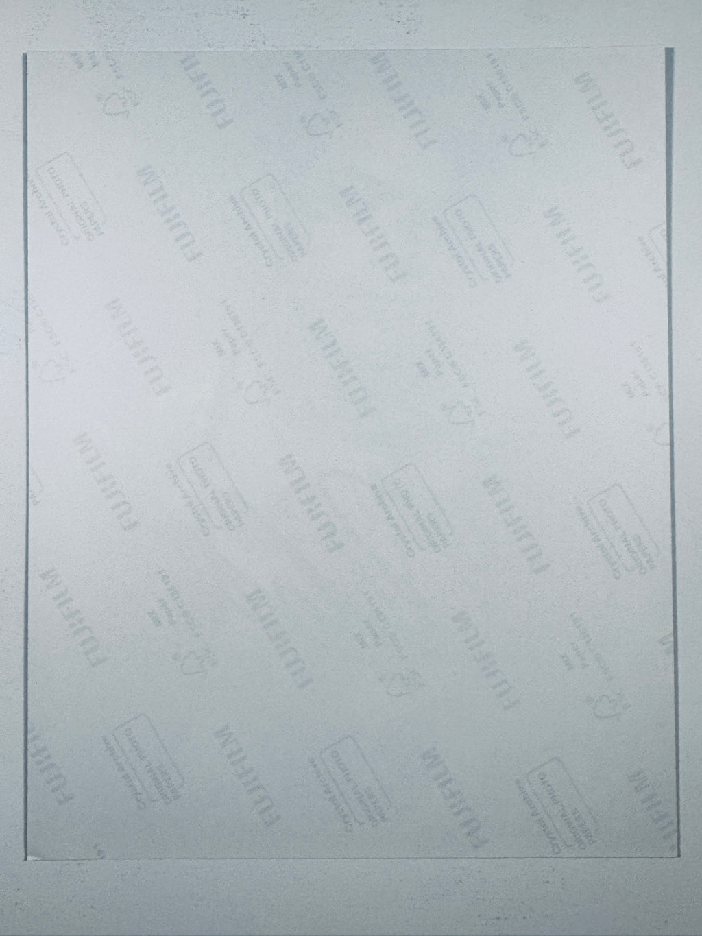 The plain white reverse side representing the back physical condition of the photograph print, showing translucent Fujifilm crystal archive paper watermarks and logos.