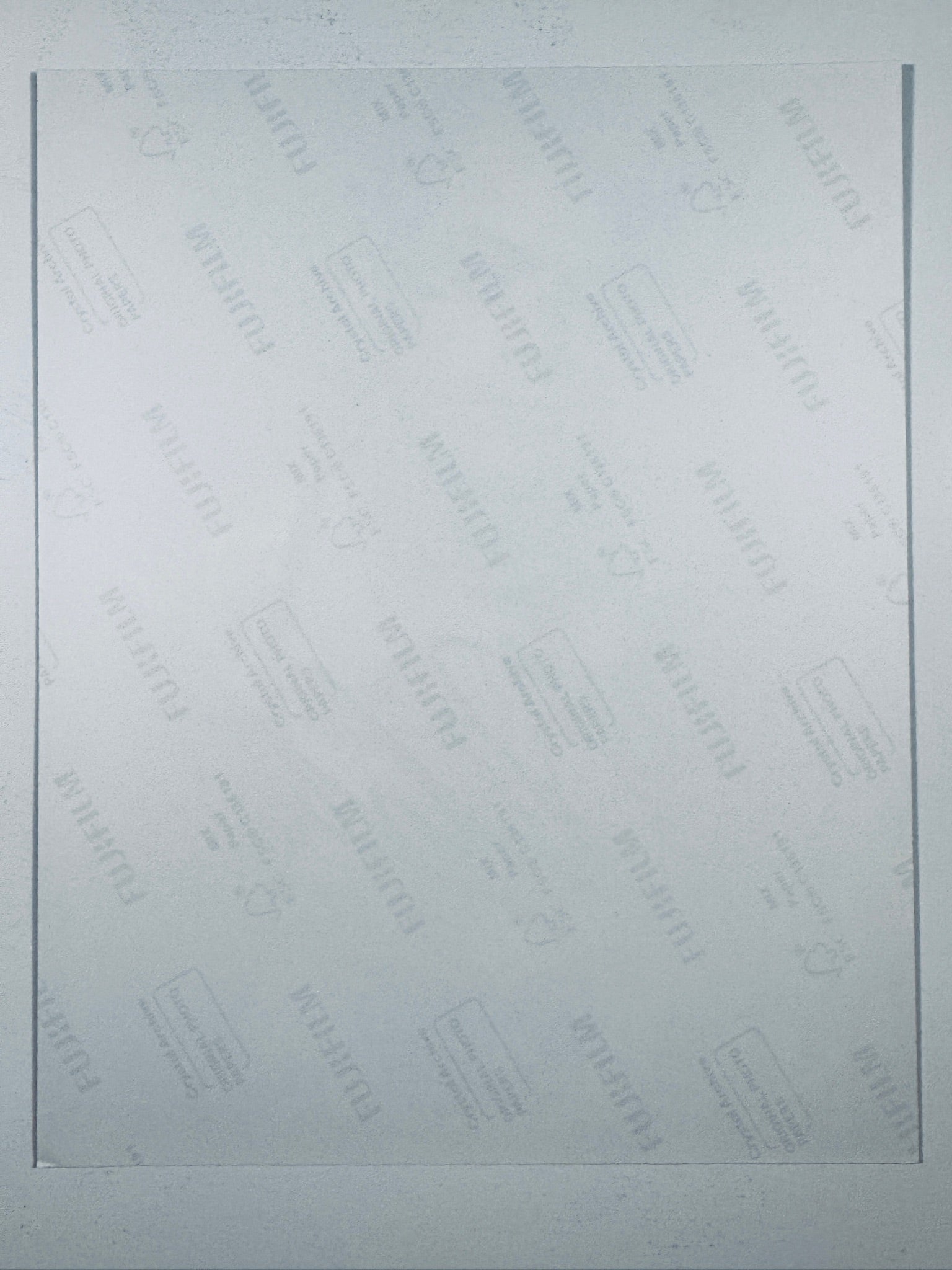 The plain white reverse side representing the back physical condition of the photograph print, showing translucent Fujifilm crystal archive paper watermarks and logos.