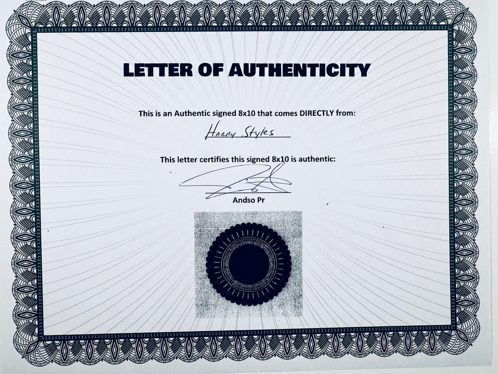 A Letter of Authenticity with a decorative blue-patterned border, certifying an authentic signed 8x10 coming directly from Harry Styles, featuring a dark circular seal graphic at the bottom.