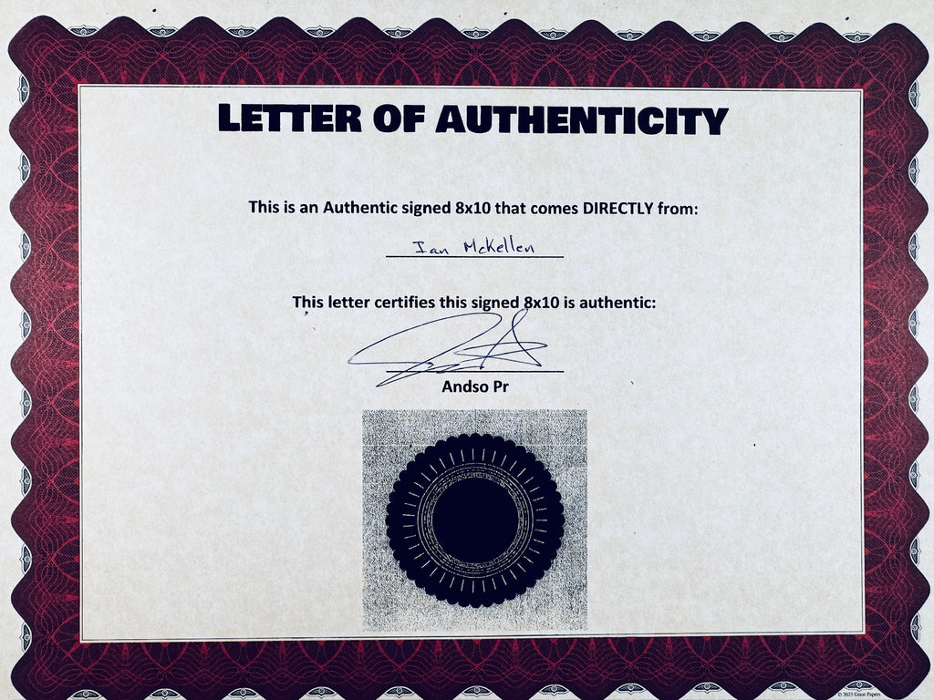 A Letter of Authenticity with a decorative red-patterned border, certifying an authentic signed 8x10 coming directly from Ian McKellen, featuring a dark circular seal graphic at the bottom
