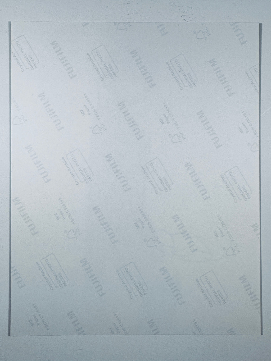 The plain white reverse side representing the back physical condition of the photograph print, showing translucent Fujifilm crystal archive paper watermarks and logos.