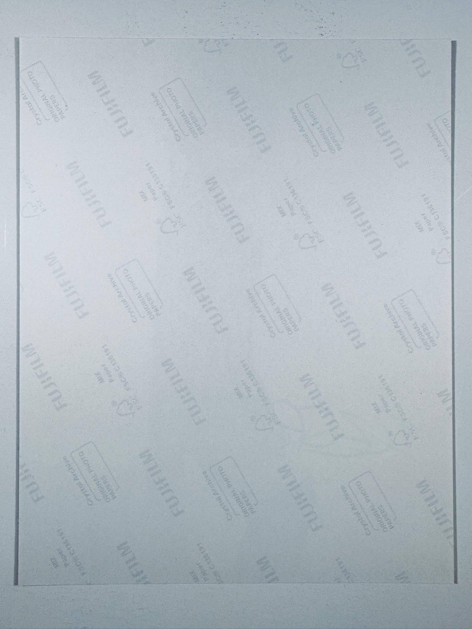 The plain white reverse side representing the back physical condition of the photograph print, showing translucent Fujifilm crystal archive paper watermarks and logos.