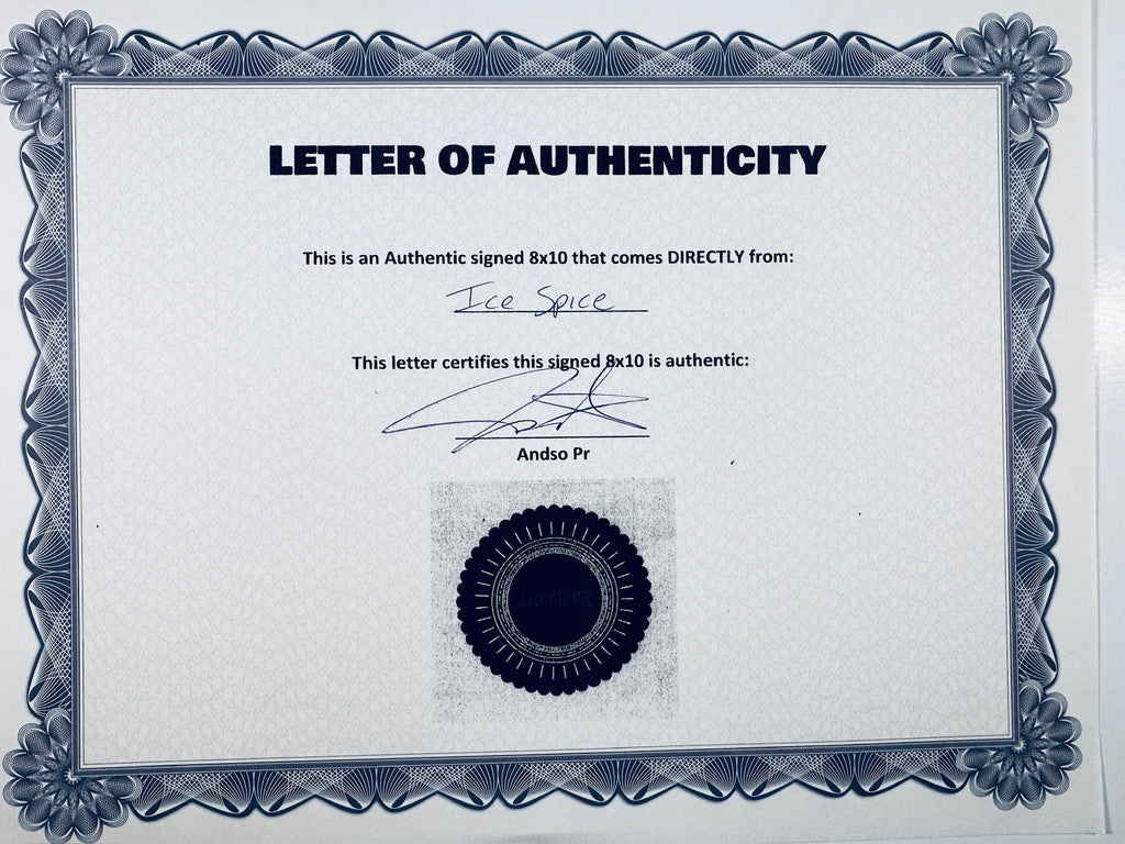 A Letter of Authenticity with a decorative blue-patterned border, certifying an authentic signed 8x10 coming directly from Ice Spice, featuring a dark circular seal graphic at the bottom.