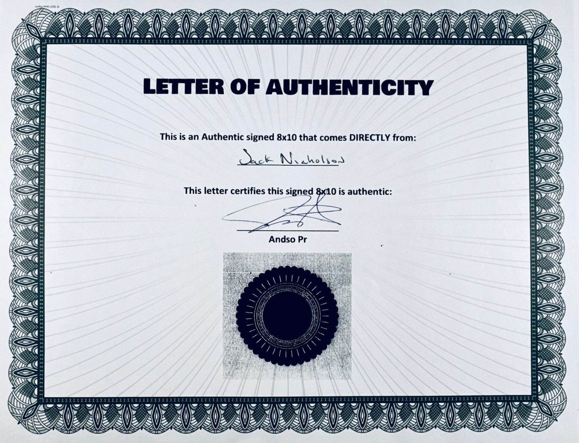 Authenticity document for the Jack Nicholson hand-signed photograph.