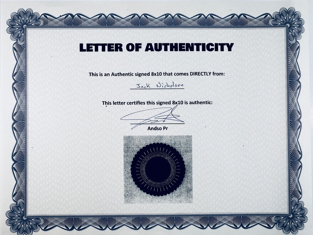 A Letter of Authenticity with a decorative blue-patterned border, certifying an authentic signed 8x10 coming directly from Jack Nicholson, featuring a dark circular seal graphic at the bottom.
