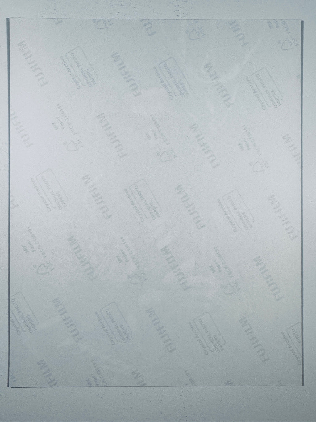 The plain white reverse side representing the back physical condition of the photograph print, showing translucent Fujifilm crystal archive paper watermarks and logos.
