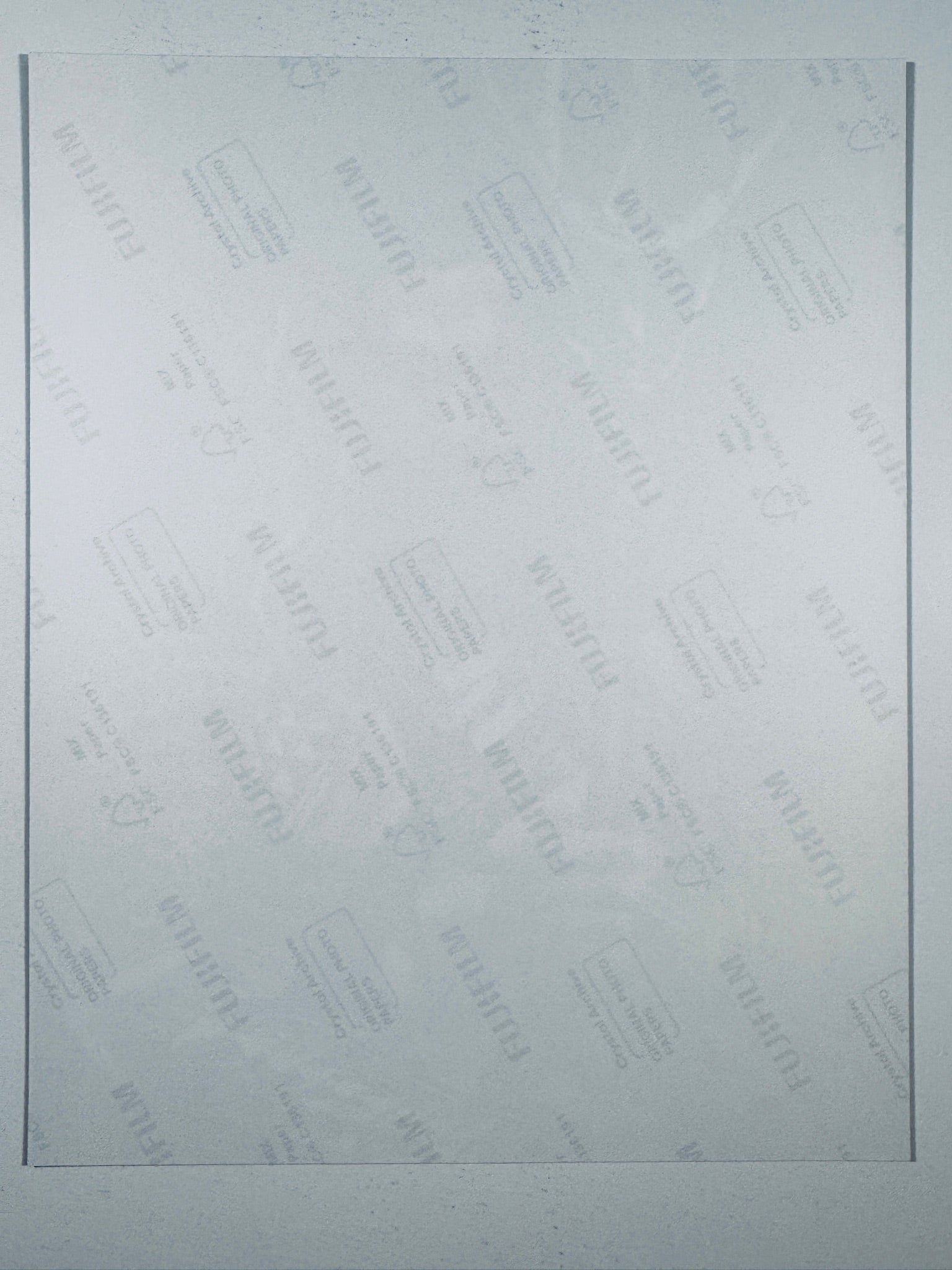 The plain white reverse side representing the back physical condition of the photograph print, showing translucent Fujifilm crystal archive paper watermarks and logos.
