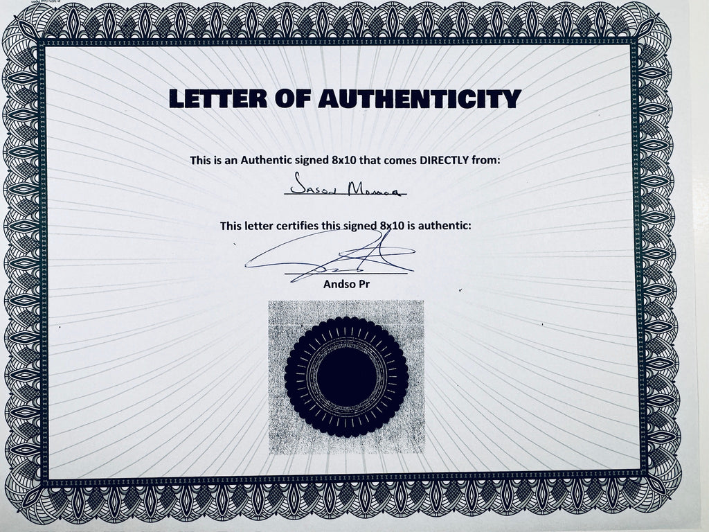 A Letter of Authenticity with a decorative blue-patterned border, certifying an authentic signed 8x10 coming directly from Jason Momoa, featuring a dark circular seal graphic at the bottom.