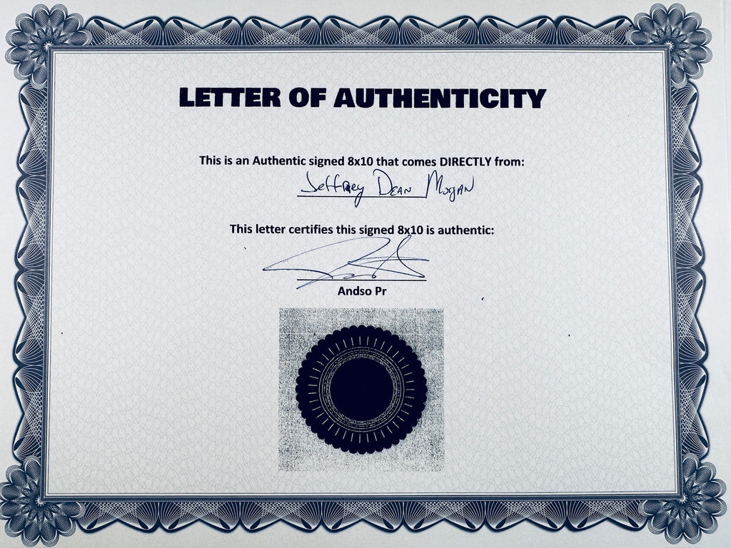 A Letter of Authenticity with a decorative blue-patterned border, certifying an authentic signed 8x10 coming directly from Jeffrey Dean Morgan, featuring a dark circular seal graphic at the bottom.