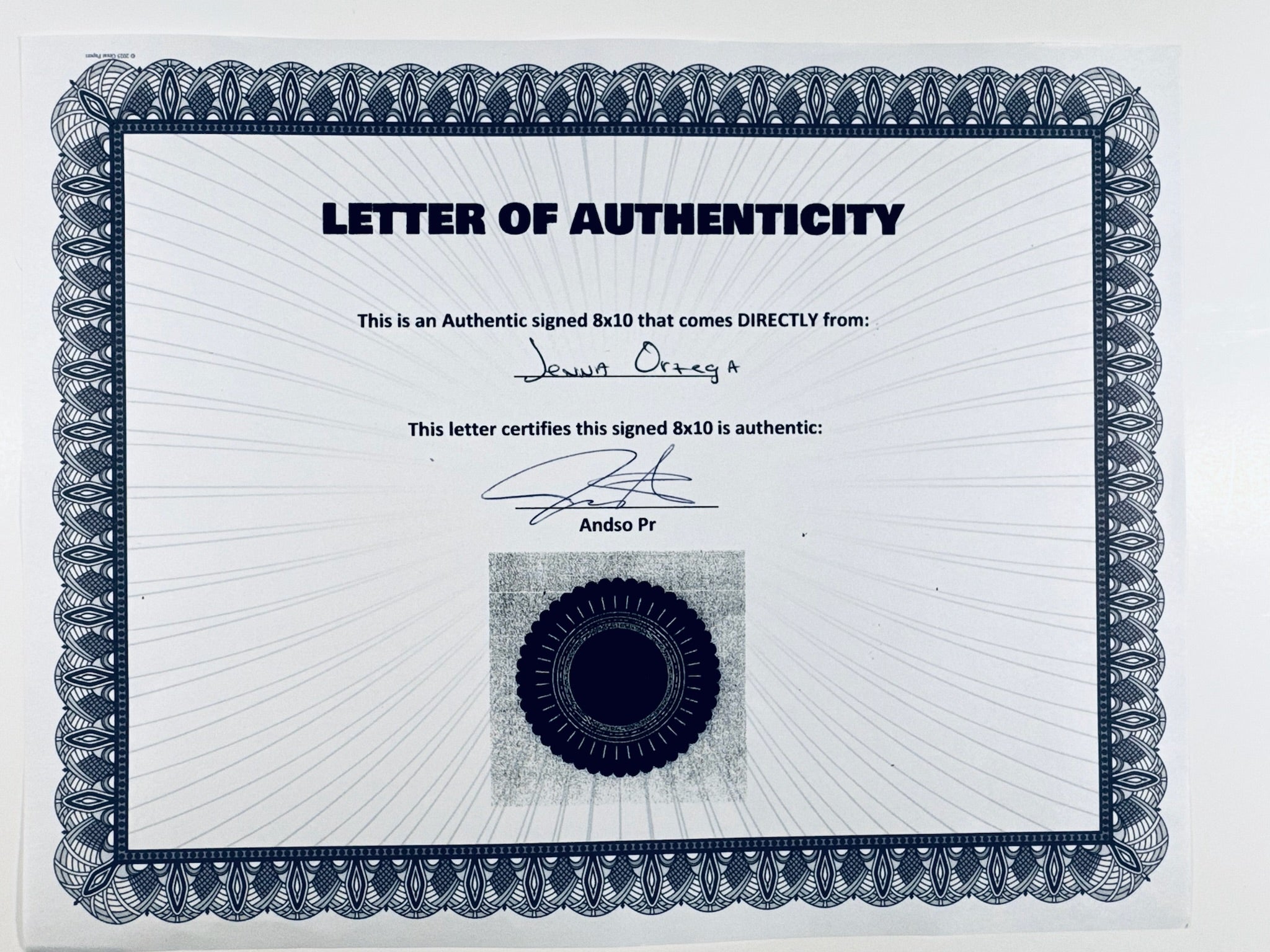 Authenticity document for the Jenna Ortega hand-signed photograph.
