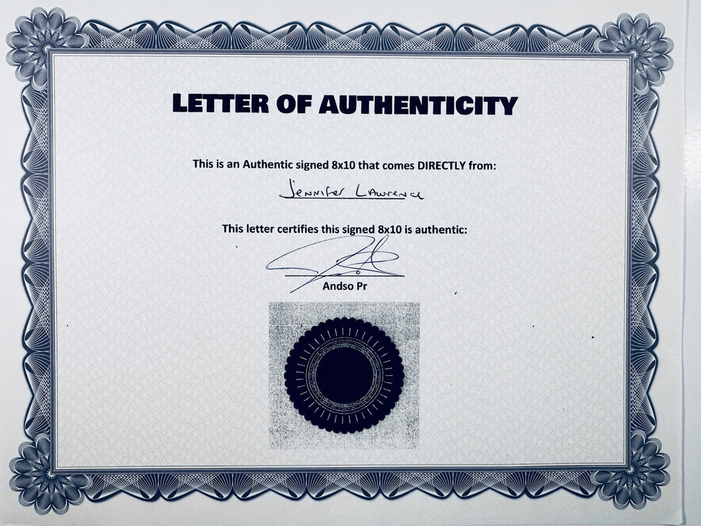 A Letter of Authenticity with a decorative blue-patterned border, certifying an authentic signed 8x10 coming directly from Jennifer Lawrence, featuring a dark circular seal graphic at the bottom.