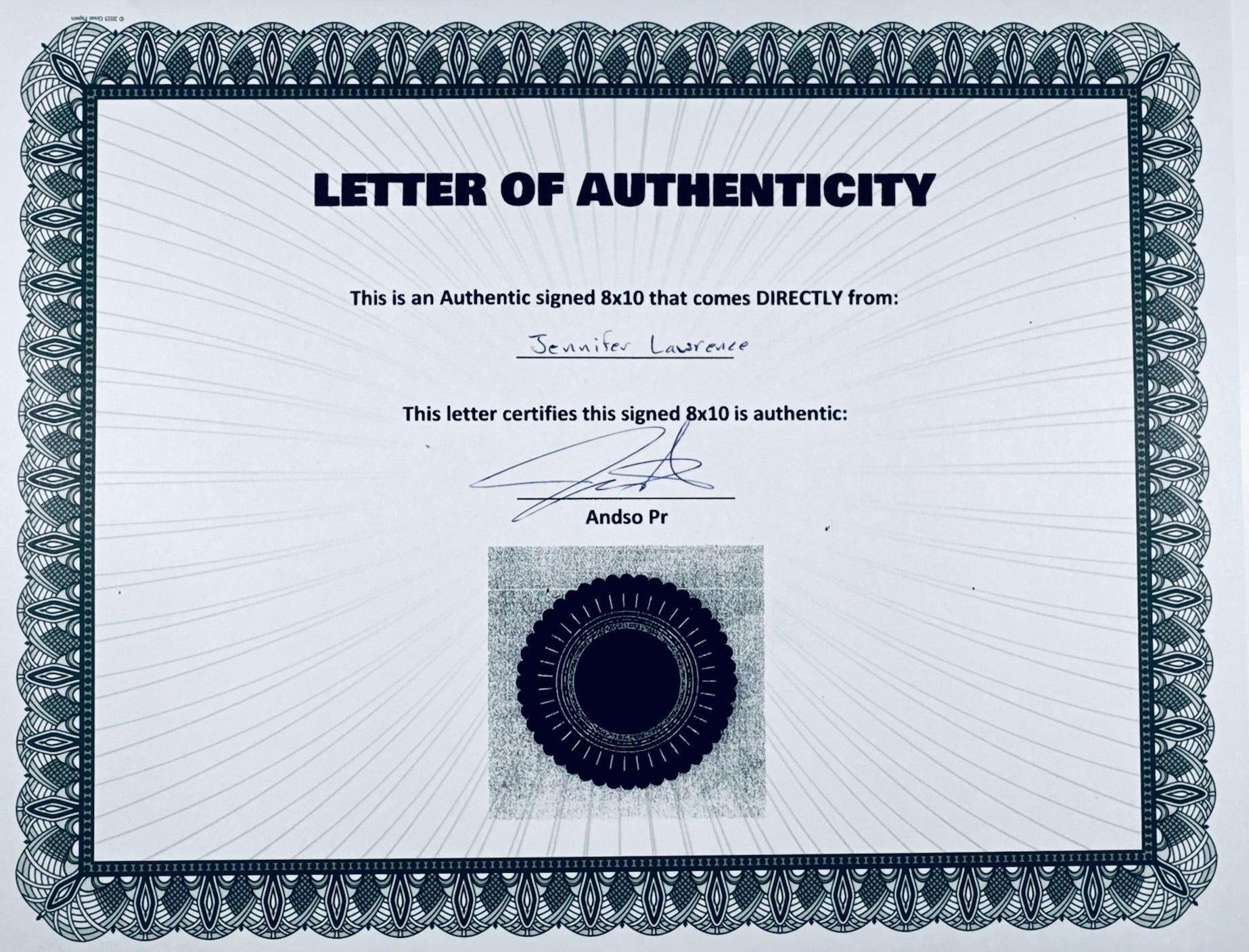 Authenticity document for the Jennifer Lawrence hand-signed photograph.